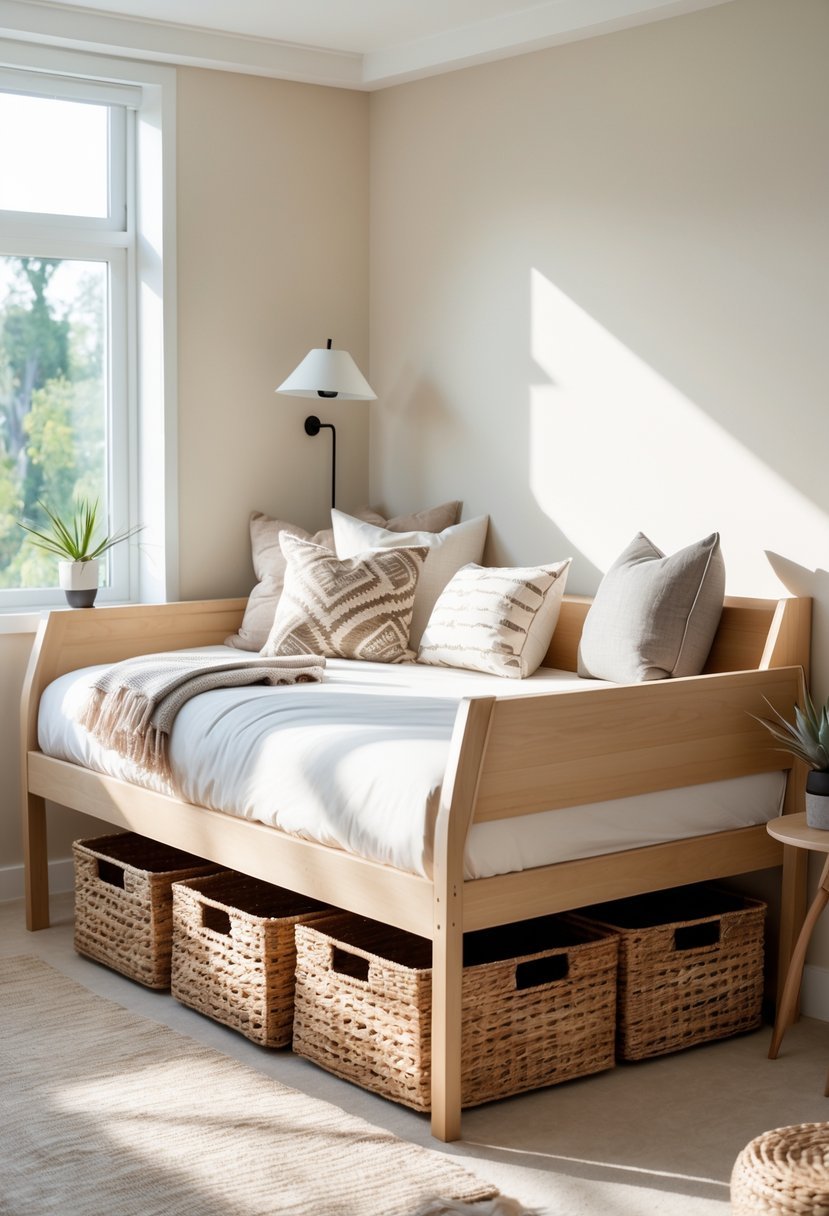 A bedroom with a daybed that has storage baskets underneath, sunlight coming through a window, and a bedside table with a plant.