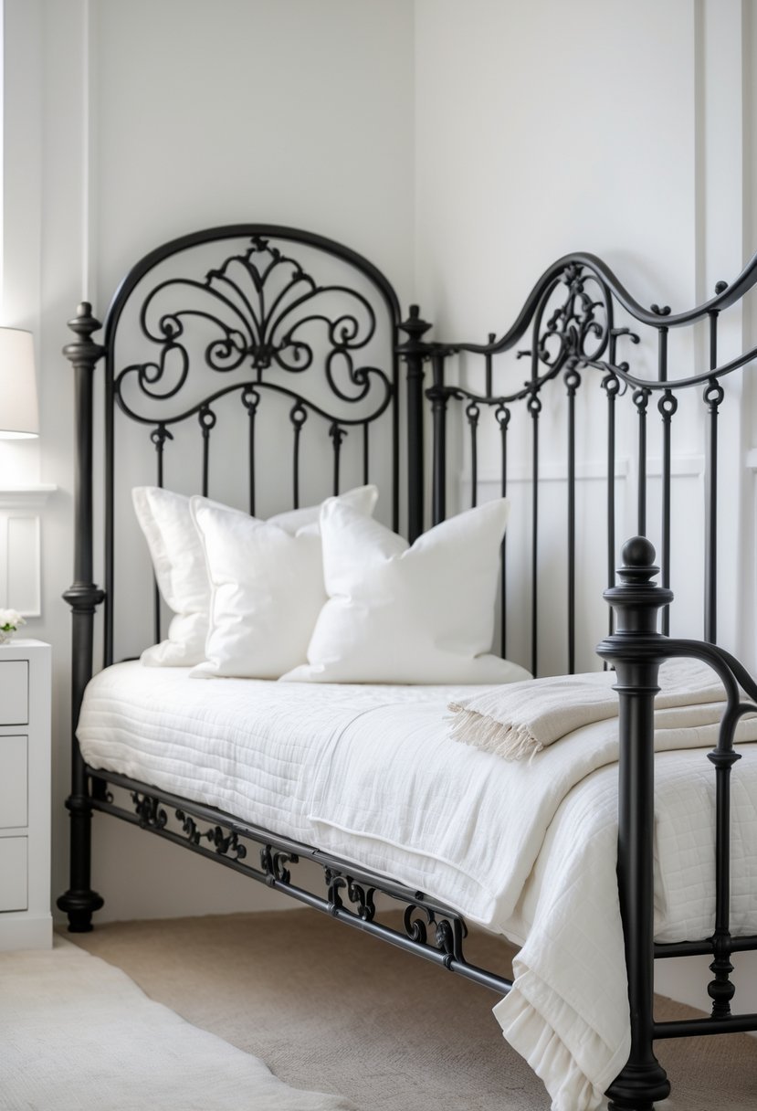 A classic iron daybed with decorative scrollwork in a bright bedroom with white bedding and a bedside table.