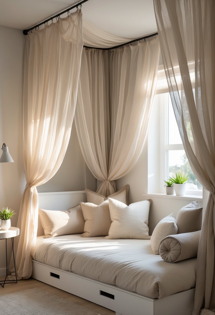 A cozy daybed nook with sheer canopy curtains in a bedroom.