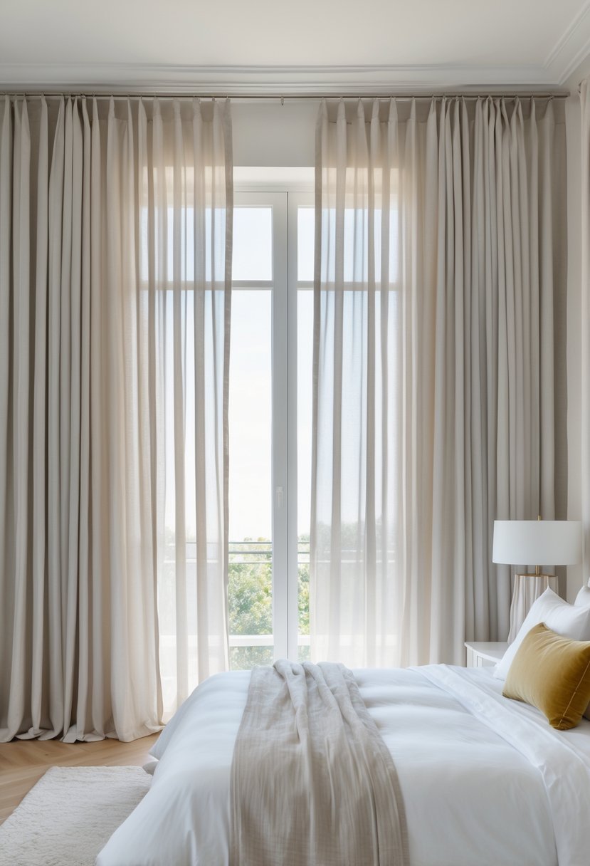 A bedroom with a large window covered by flowing curtains, a neatly made bed, bedside tables with lamps, and natural light filling the room.
