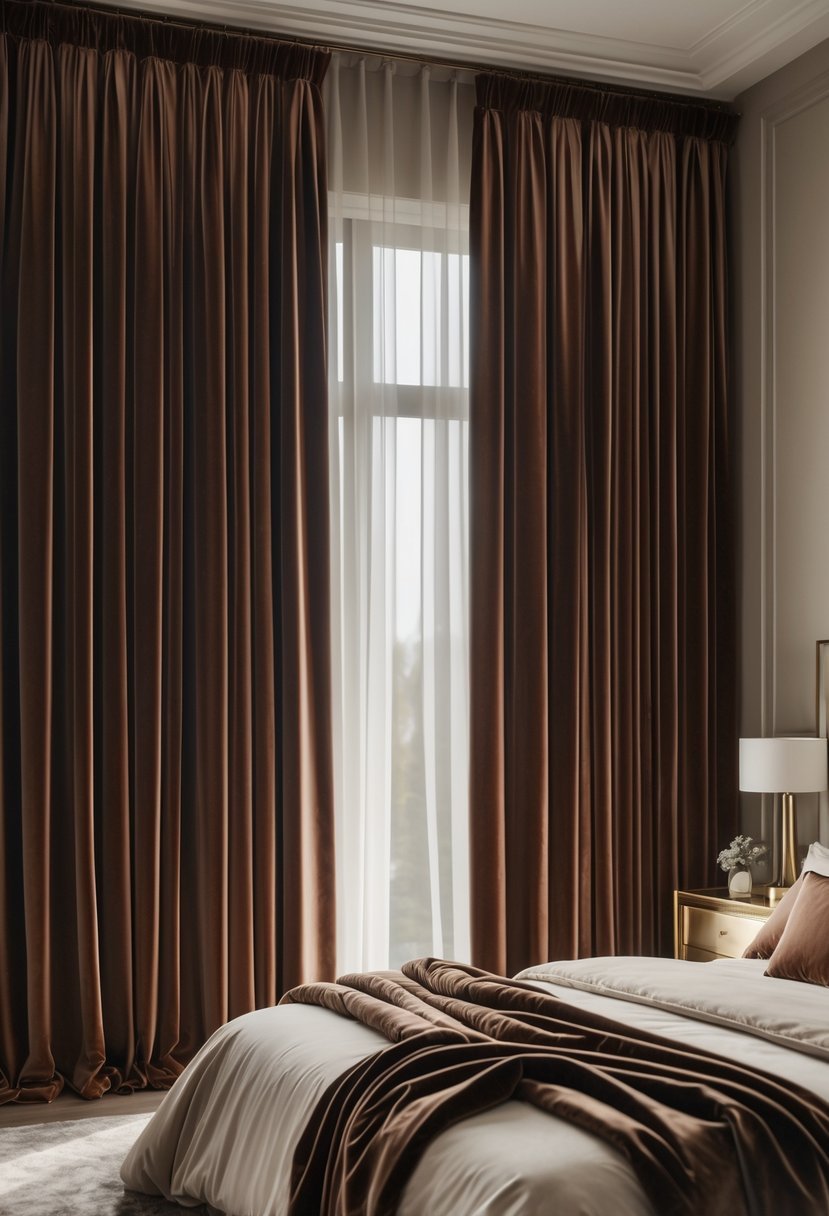 A bedroom with floor-to-ceiling velvet curtains hanging beside a neatly made bed.