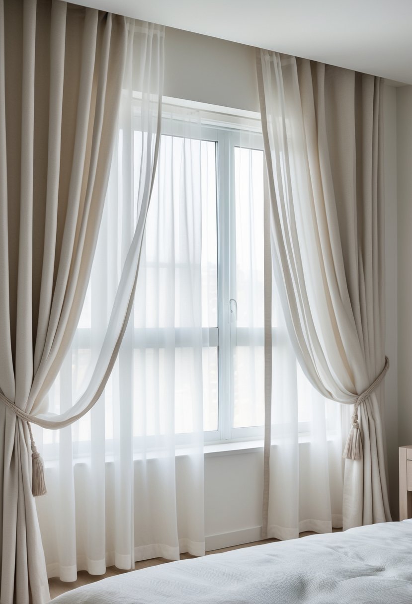A bedroom window with layered curtains consisting of sheer white panels and opaque beige curtains partially open, allowing natural light to fill the room.