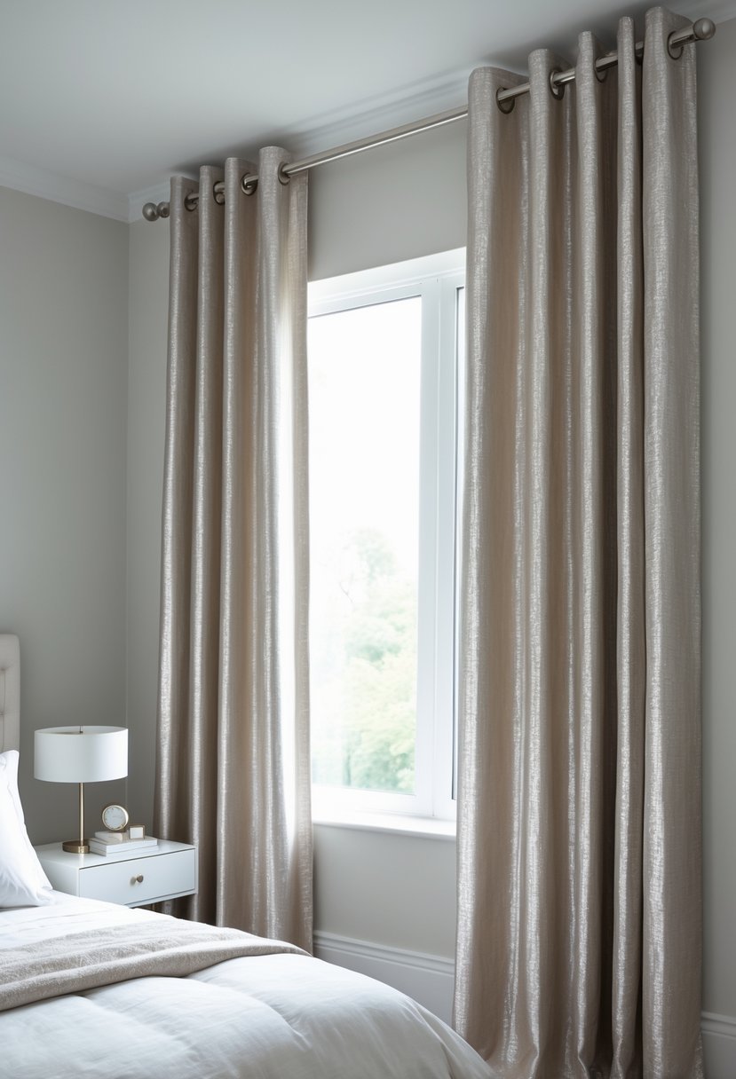 A bedroom with a large window framed by curtains hanging from silver grommets, a bed with white linens, and a bedside table with a lamp.