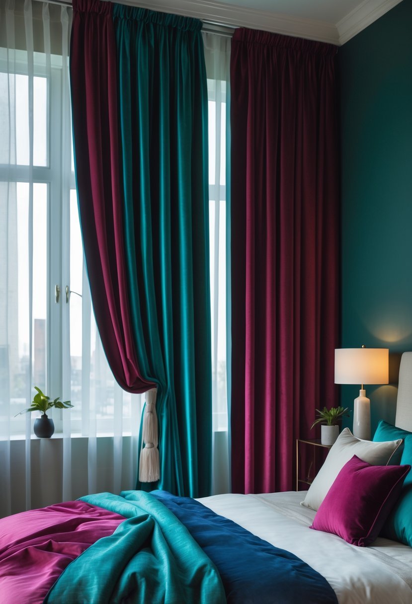 A bedroom with large blackout curtains in deep green, blue, and red tones covering a window, with a neatly made bed and a bedside table nearby.
