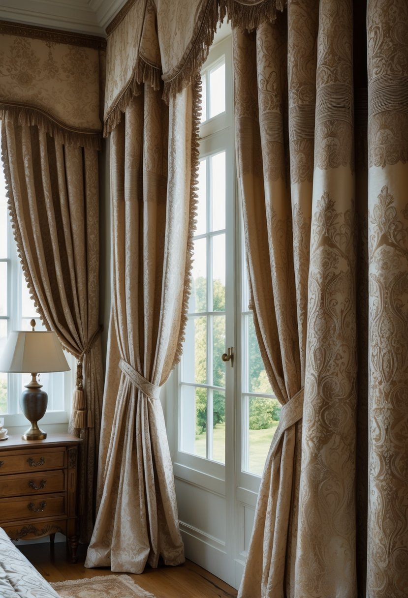 A bedroom with patterned curtains hanging beside a large window, a wooden bed, and a bedside table with a lamp.