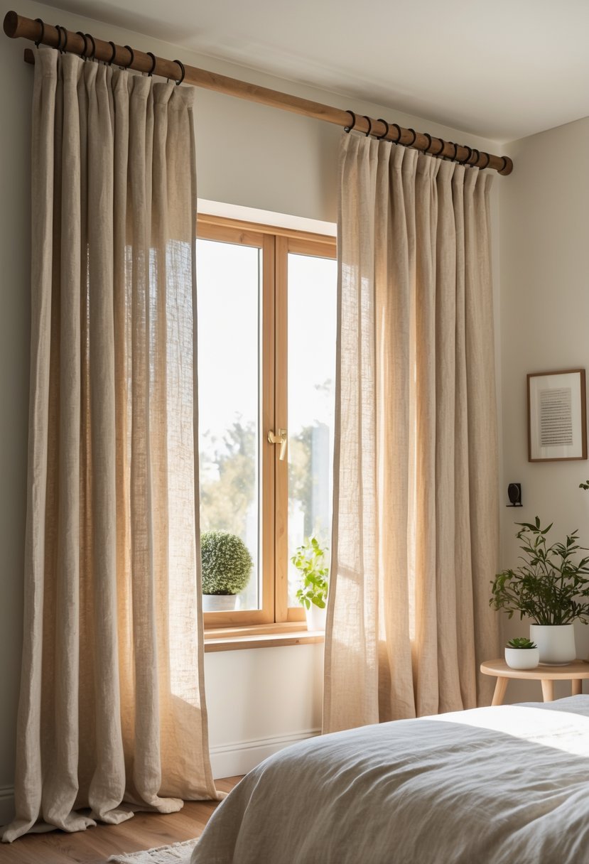 A bedroom with light beige linen curtains hanging from wooden curtain rods, sunlight softly coming through the window, and a neatly made bed nearby.