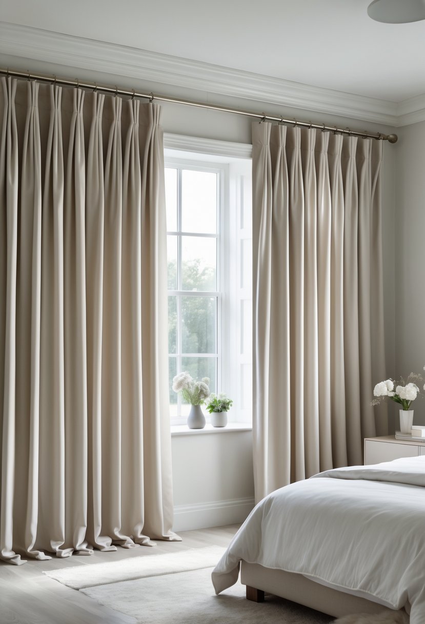 A bedroom with pinch pleat drapes hanging beside a large window, with a bed and bedside tables visible.