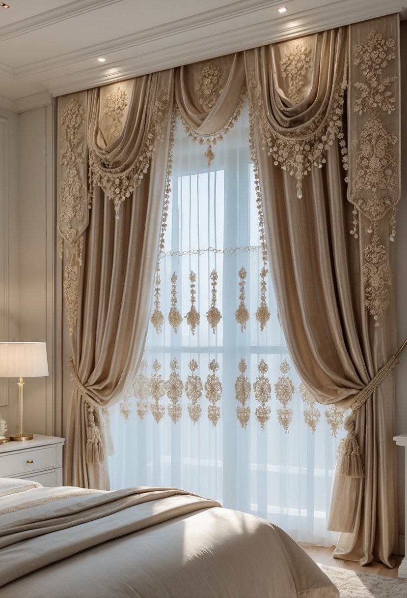 A bedroom with elegant curtains featuring detailed embroidery and beading, letting in soft natural light.