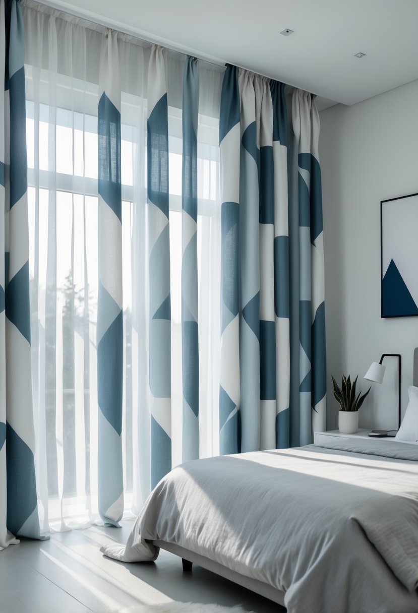 A bedroom with large windows covered by geometric patterned curtains, a bed, bedside table with lamp, and a potted plant.
