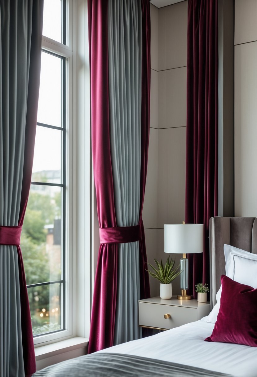A bedroom with a large window dressed in curtains made of velvet and satin fabrics showing a rich texture contrast, with a bed and bedside lamp nearby.