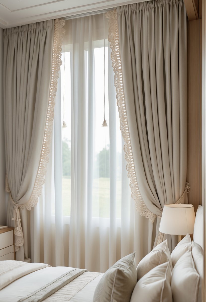 Bedroom with light neutral curtains featuring detailed drapery trims, a bed, and soft natural light coming through a large window.
