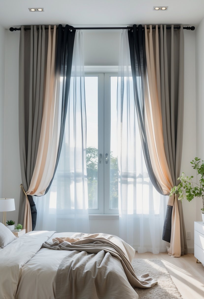 A bedroom with a large window covered by dual layered curtains featuring blackout and sheer panels, with a neatly made bed and bedside table.