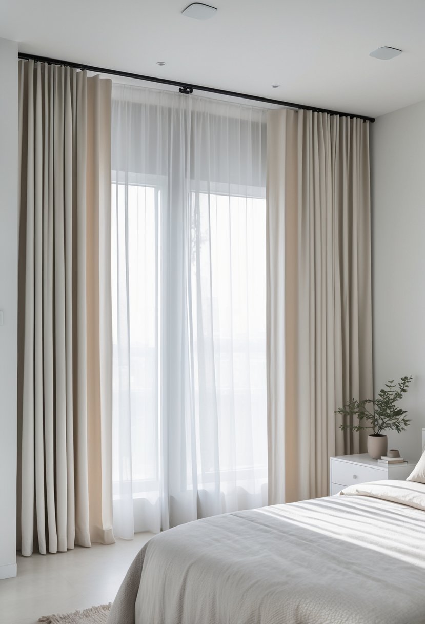 A bright bedroom with light-colored curtains hanging smoothly from a concealed track, a neatly made bed, and a small plant on a nightstand.