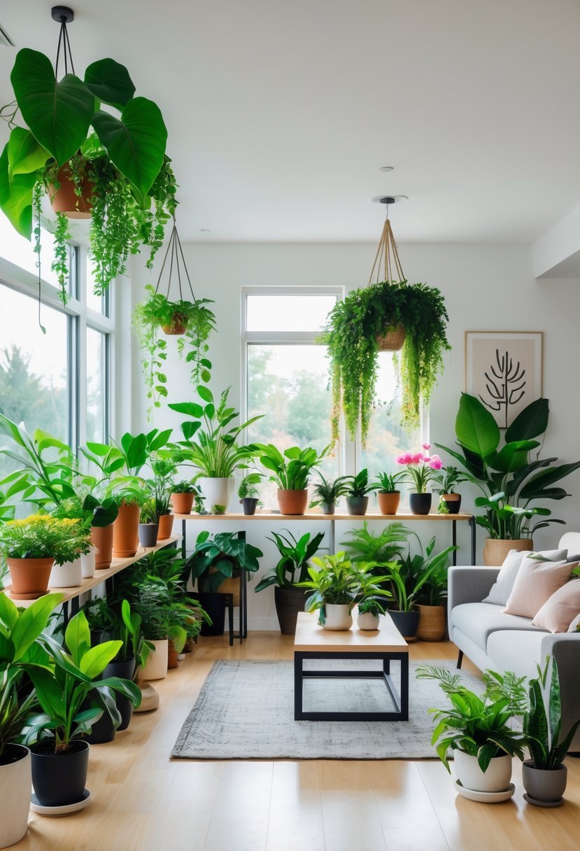 A living room filled with 25 various indoor plants arranged around a sofa and coffee table near large windows.