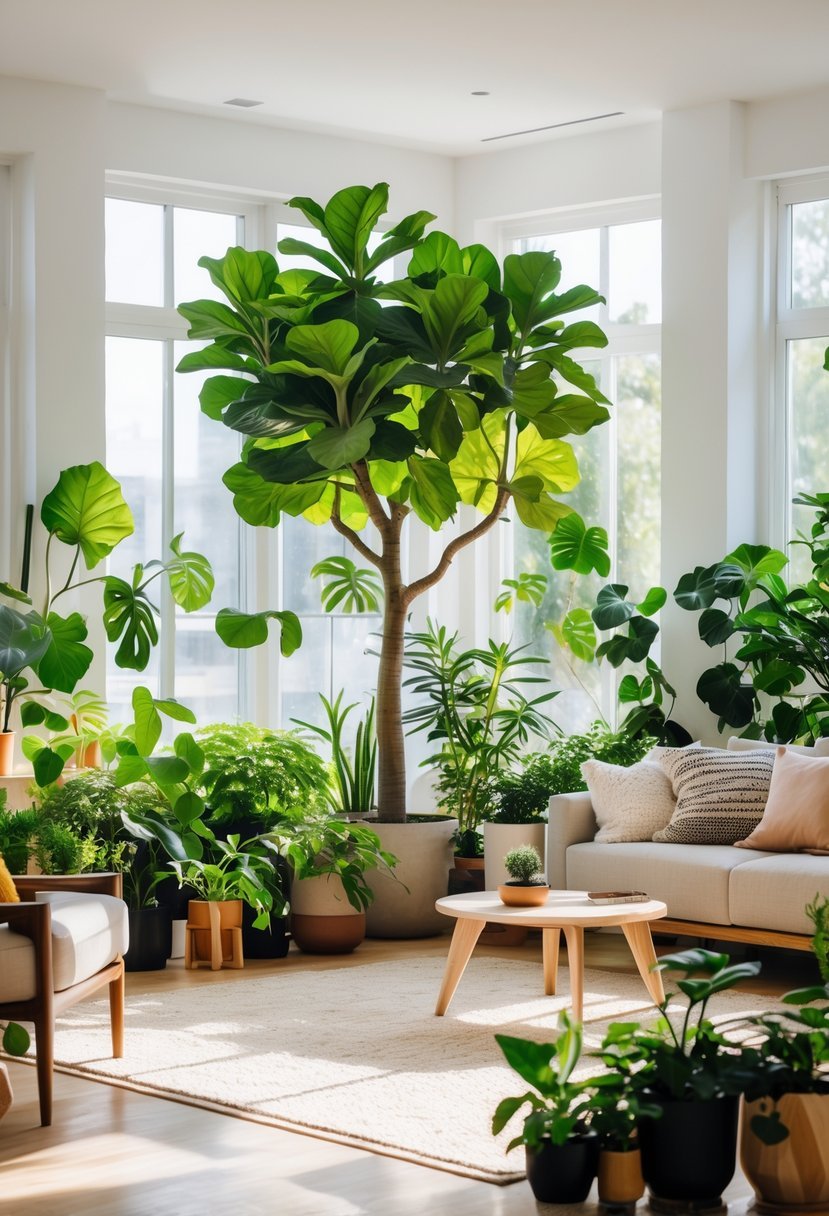 Living room filled with many indoor plants, including a large fiddle leaf fig tree, surrounded by furniture and natural light.