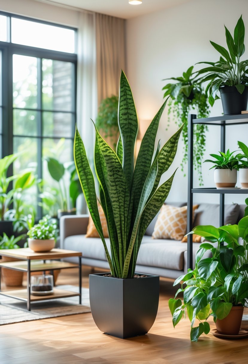 A living room filled with various indoor plants, featuring a large Snake Plant among them.