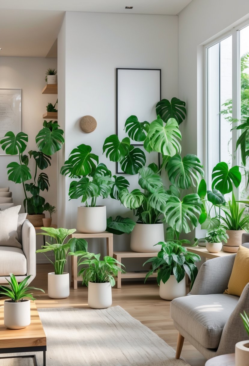 Living room filled with 25 Monstera Deliciosa plants arranged in pots around furniture and shelves.