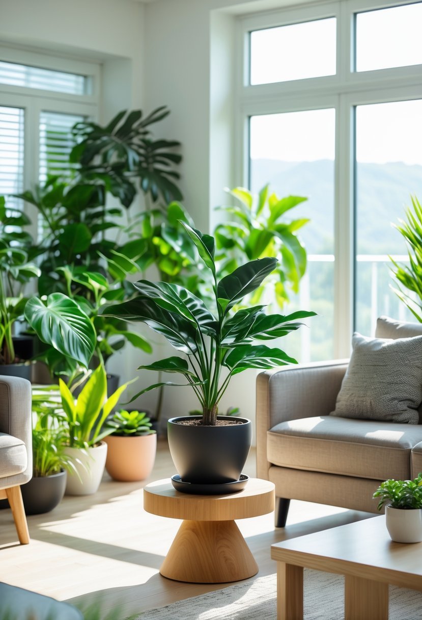 Living room with a ZZ Plant and many other indoor plants arranged around comfortable furniture and natural light.