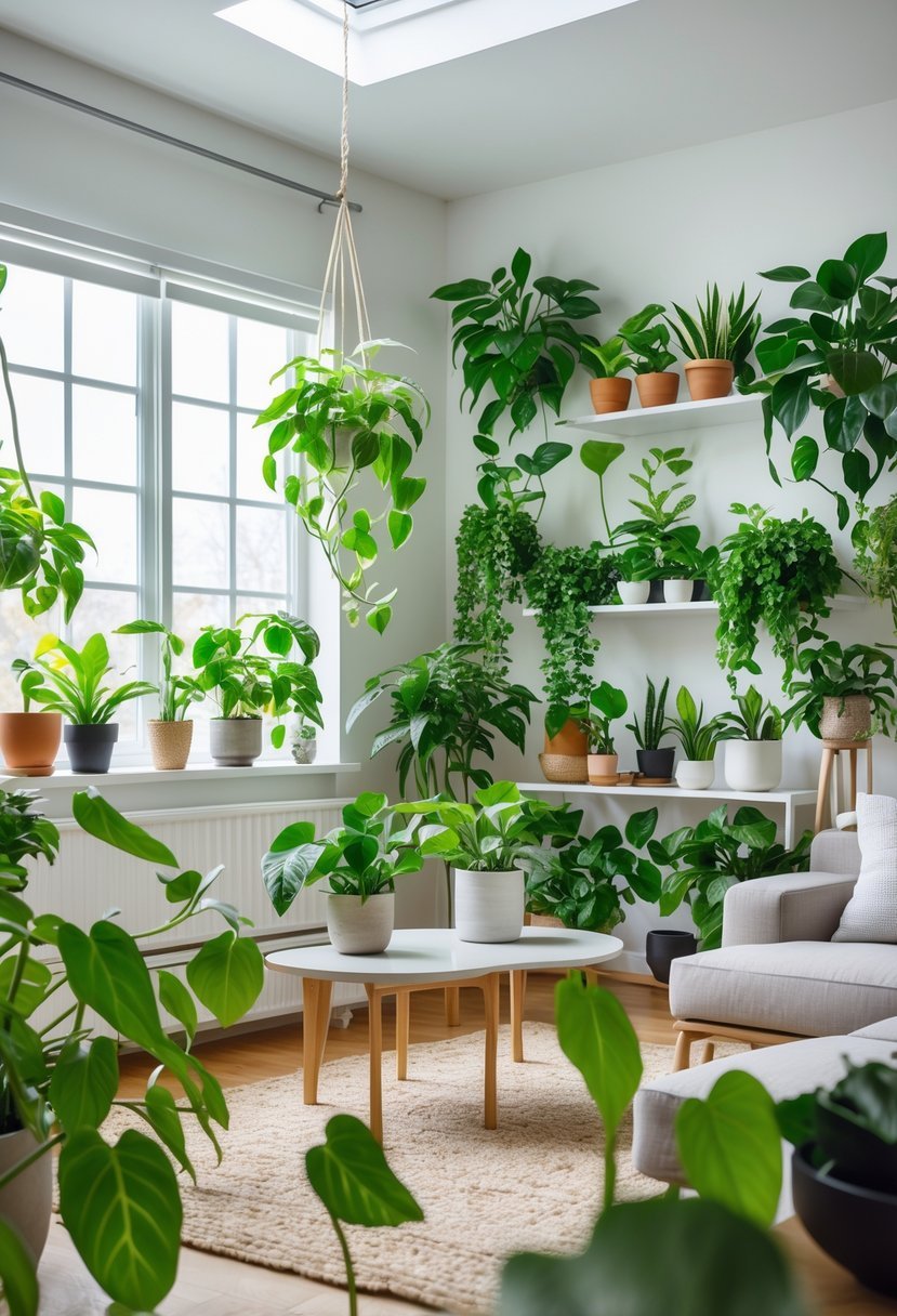 Living room filled with numerous pothos plants arranged on shelves, tables, and hanging planters, creating a green and inviting space.