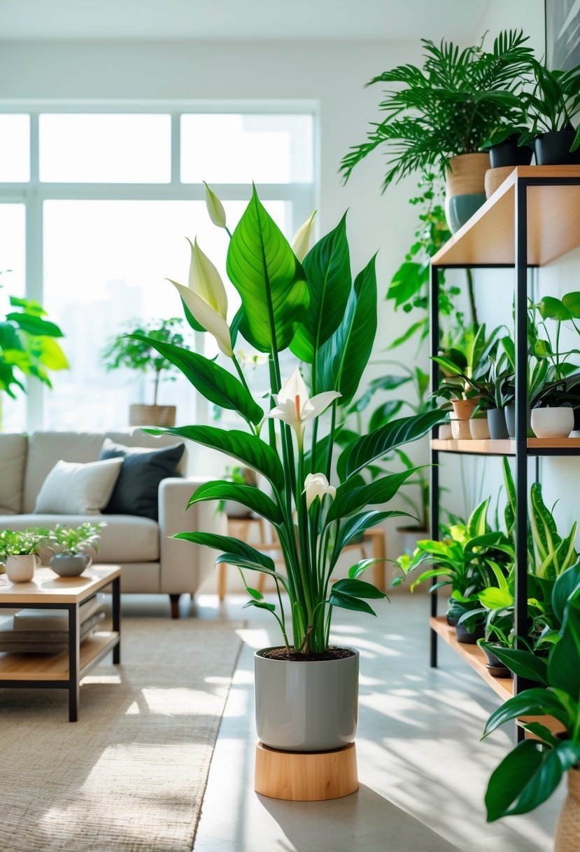 A living room filled with various indoor plants, featuring a prominent Peace Lily among them, surrounded by modern furniture and natural light.