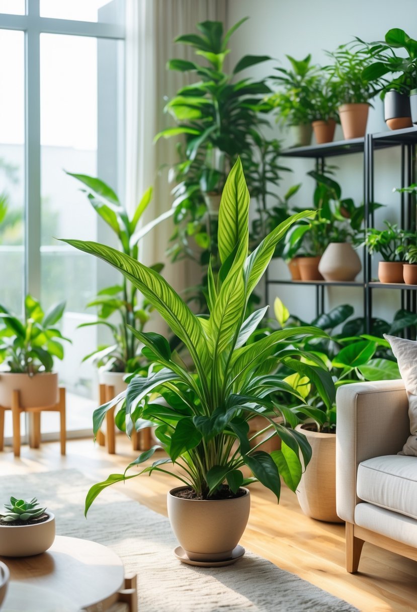 A living room filled with a variety of indoor plants, including a prominent Spider Plant near a sofa, with natural light illuminating the space.