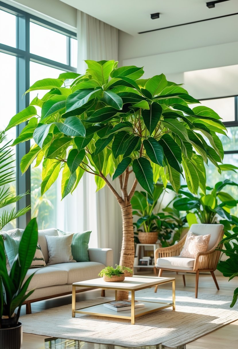 Living room with a large Rubber Tree plant near a window surrounded by furniture and other indoor plants.