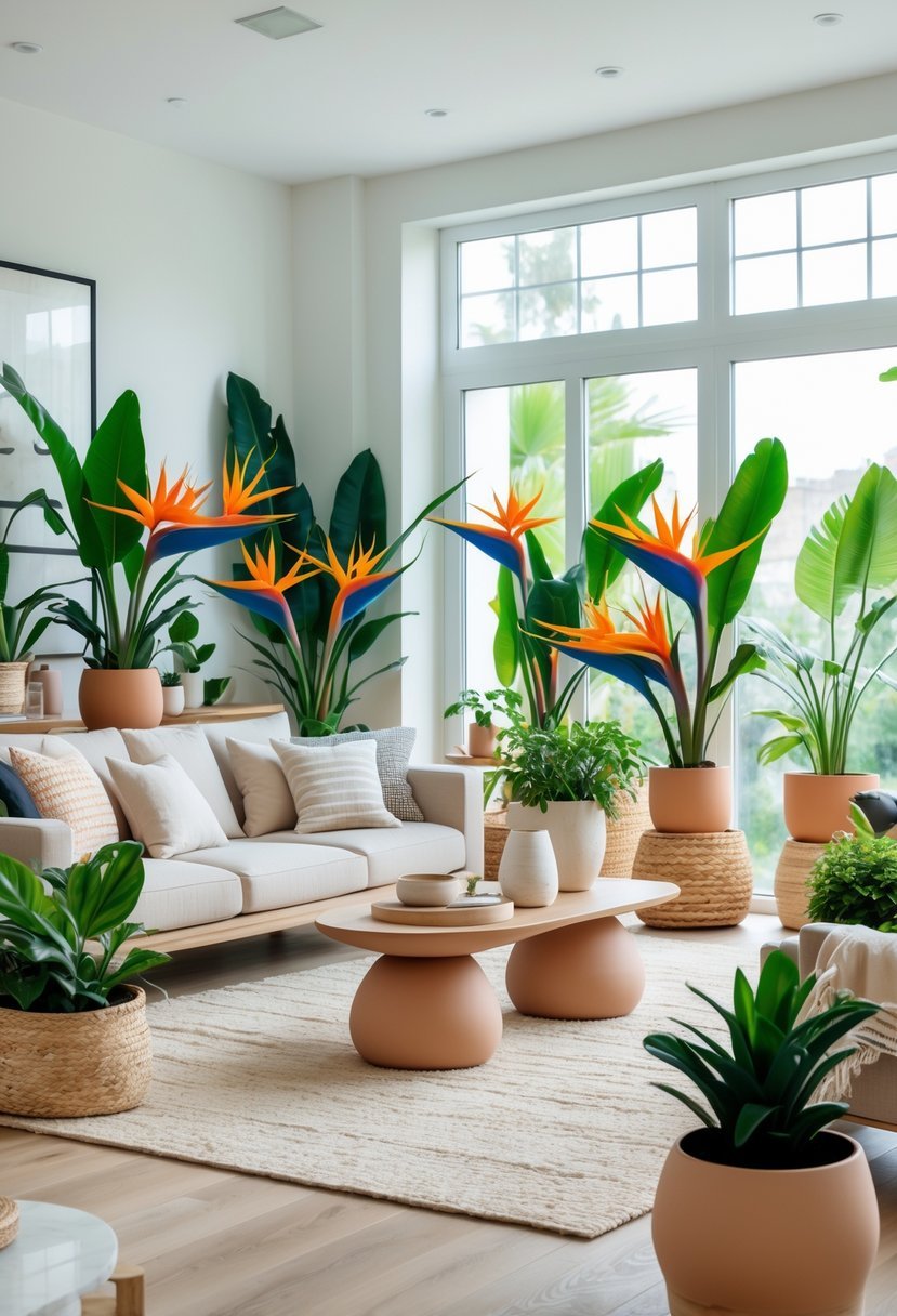 A bright living room filled with 25 Bird of Paradise plants in various pots, with modern furniture and natural light.