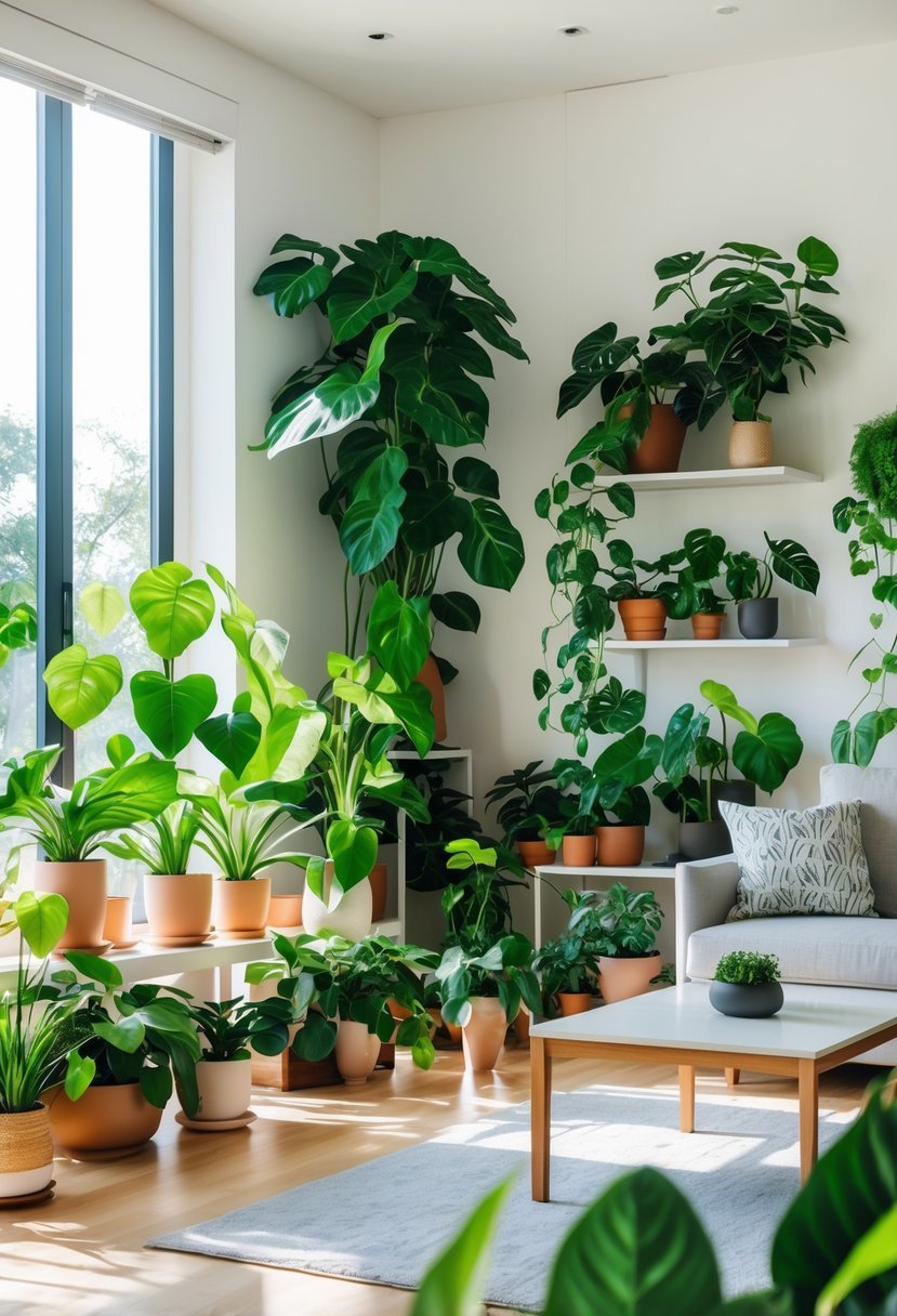 Living room filled with many green philodendron plants placed around furniture and windows.