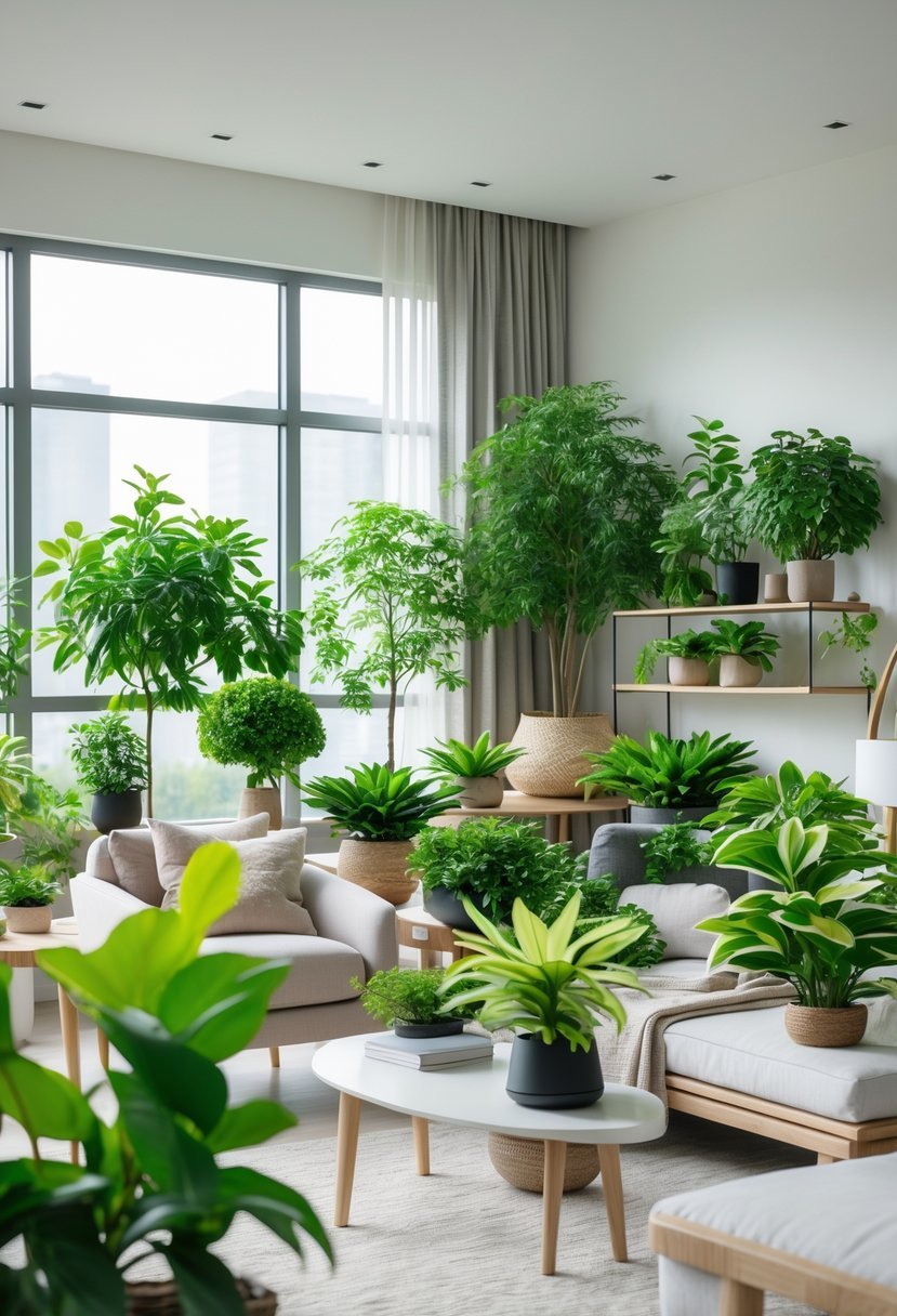 Living room filled with numerous Chinese Evergreen indoor plants arranged around modern furniture and large windows.
