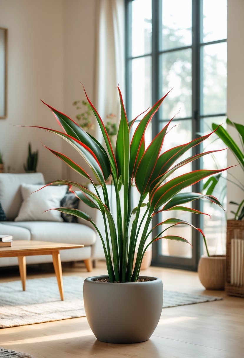 Living room with a Dracaena Marginata plant near a window surrounded by modern furniture and decor.