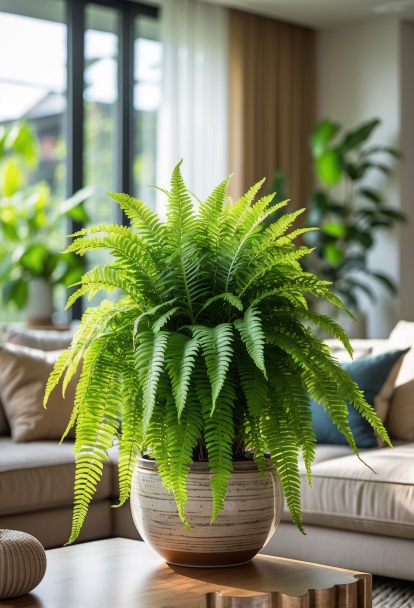 A living room with a vibrant Boston Fern plant in a ceramic pot surrounded by modern furniture and natural light.