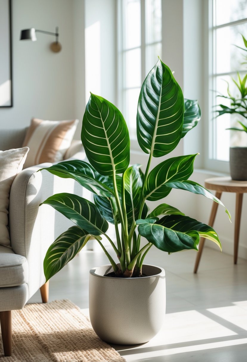 A living room with a large Alocasia Polly plant in a pot next to a sofa, with natural light coming through windows.