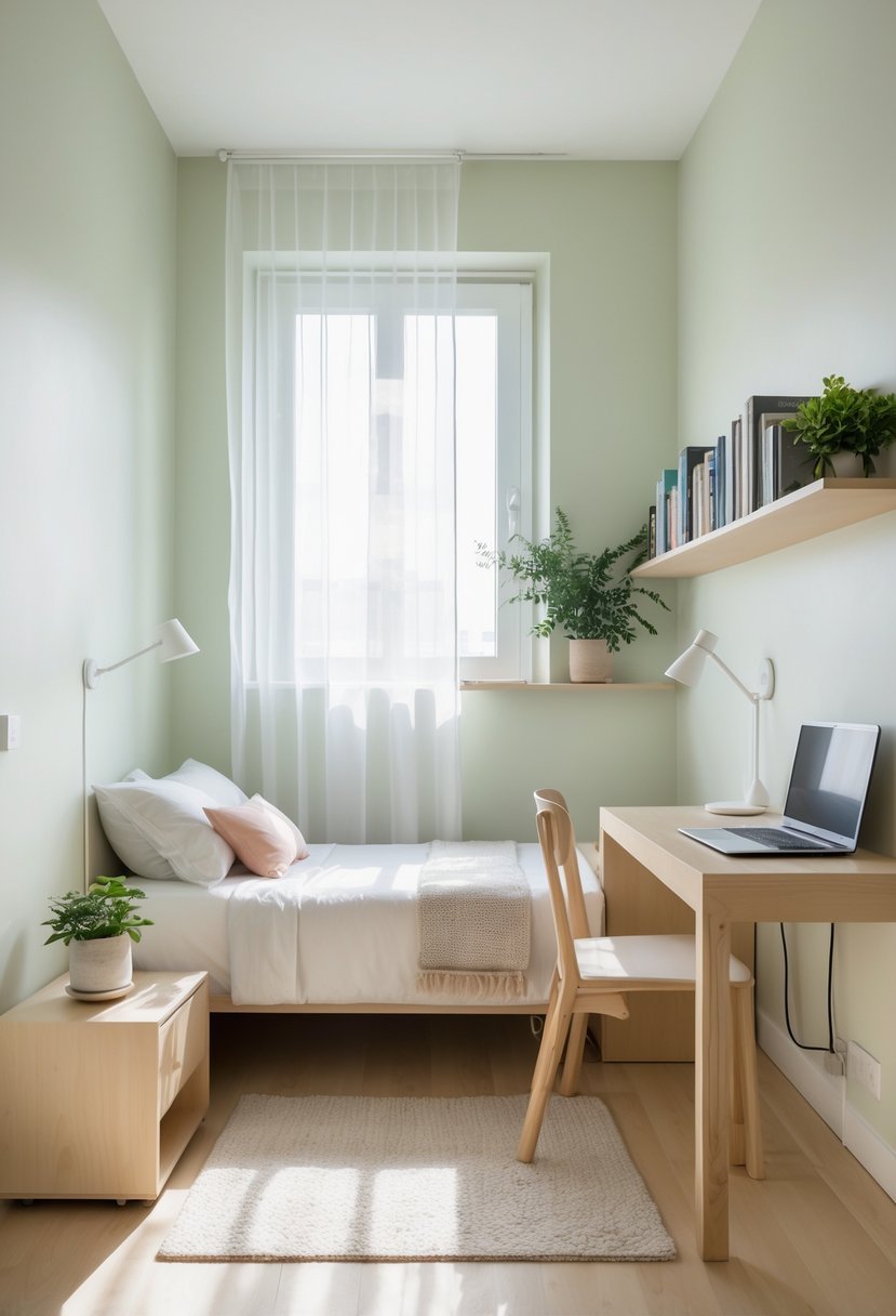 A small bedroom with a single bed, nightstand, wall shelves, a desk, and a window letting in natural light.