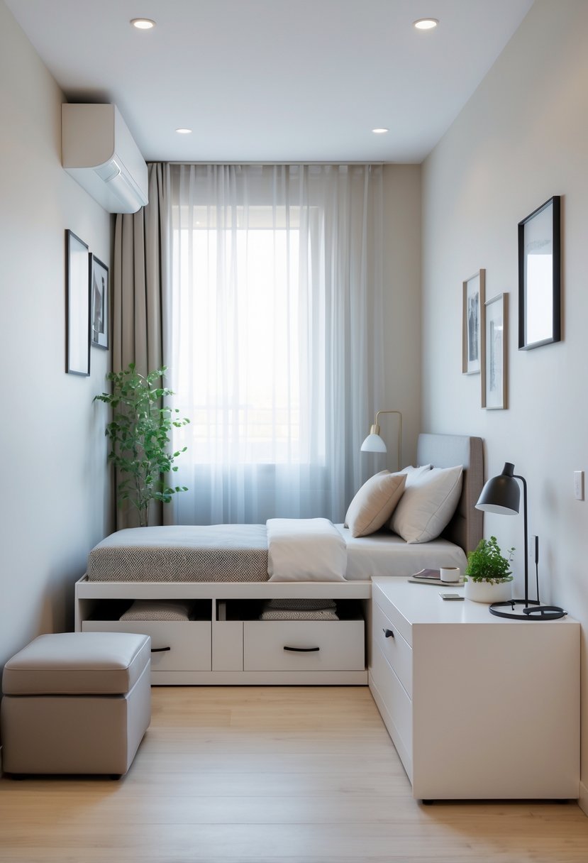 Small bedroom with a storage bed and an ottoman used for extra storage, featuring a window with curtains and simple decor.