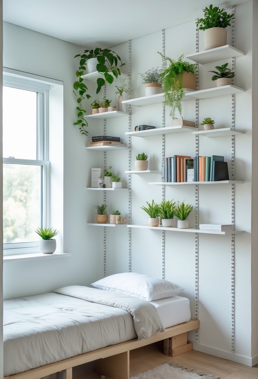 A small bedroom with vertical shelves on the walls holding books and plants, a compact bed, and natural light coming through a window.