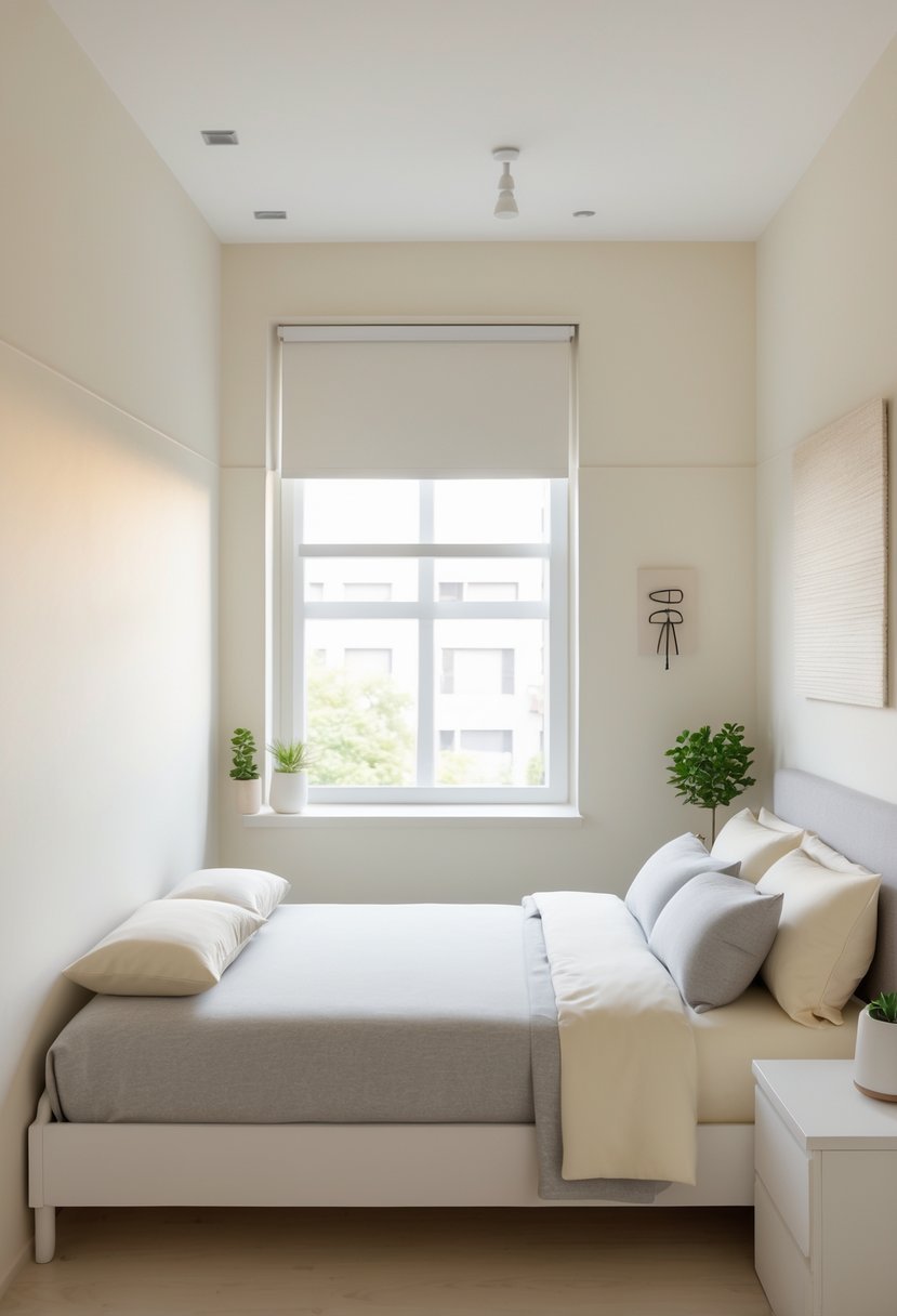 A small bedroom with light neutral walls, a neatly made bed, natural light from a window, light wood flooring, and minimal furniture.