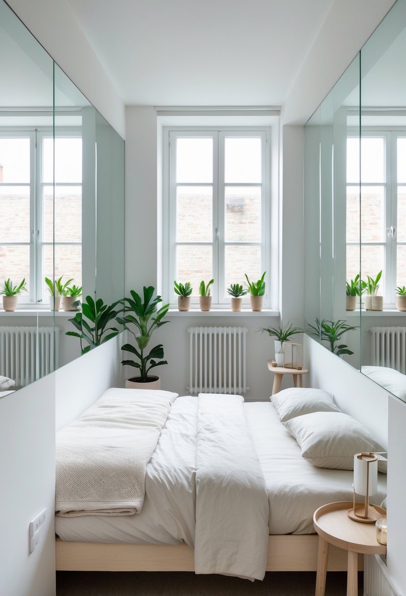 A small bedroom with large mirrors reflecting natural light, a neatly made bed, and simple furniture creating an open and bright space.