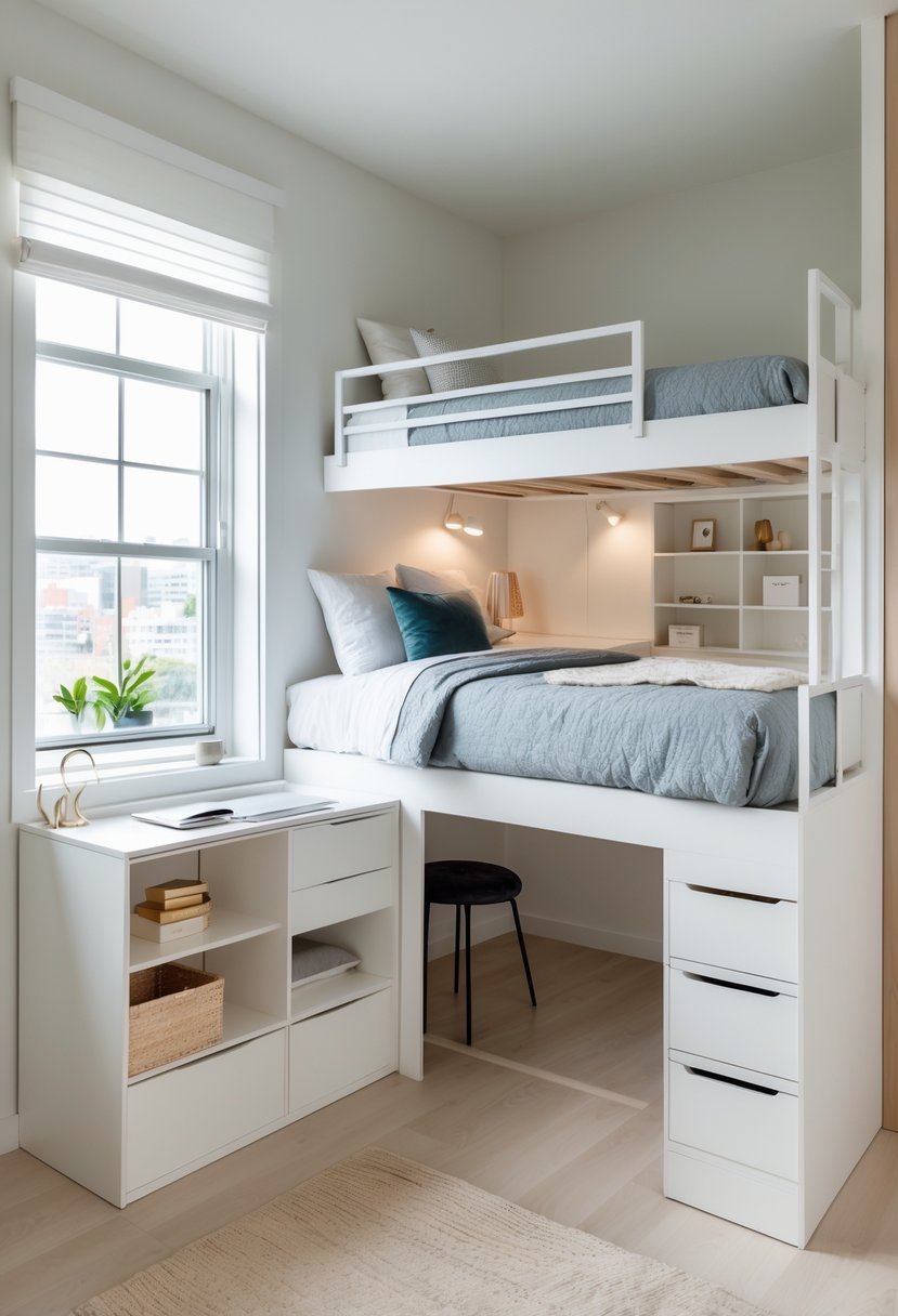 A small bedroom with a loft bed and a workspace underneath, well-lit and neatly organized.