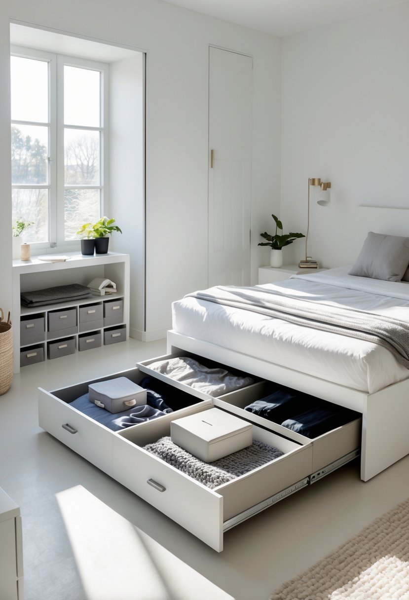 A small bedroom with a bed that has open under-bed storage drawers filled with organized clothes and items, showing a neat and clutter-free space.