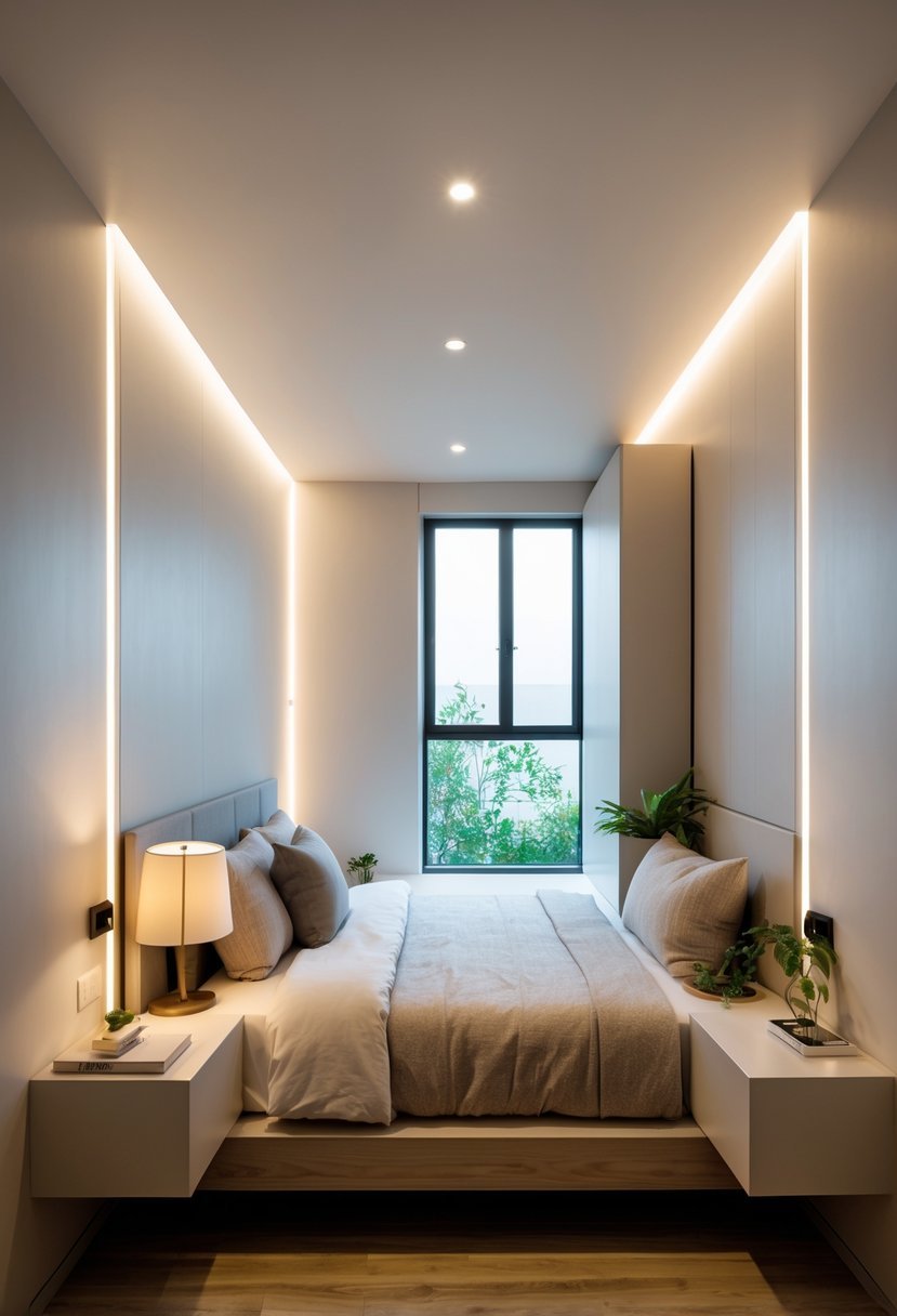 A small bedroom with a bed and floating nightstands attached to the wall on each side, with natural light coming through a window.