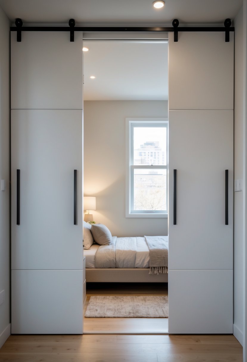 A small bedroom with a bed and sliding door wardrobe, featuring natural light and minimalist furniture.