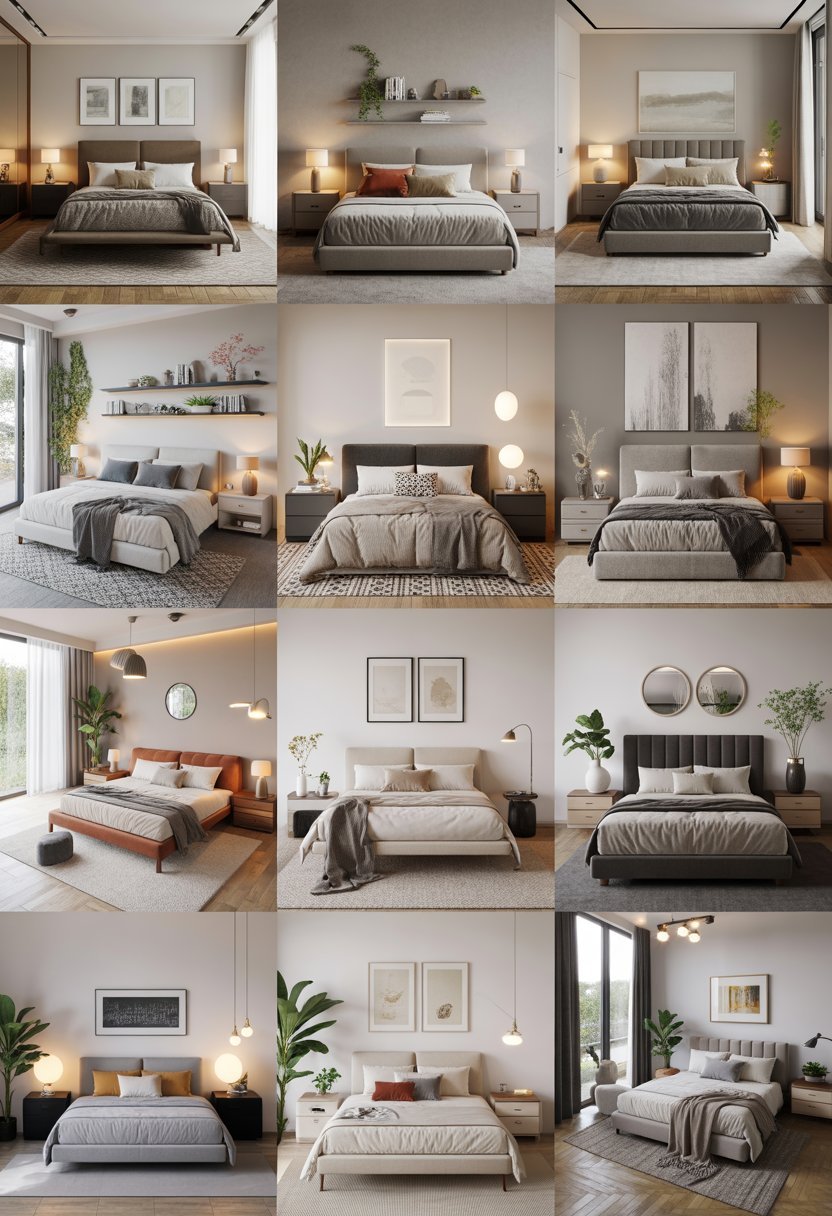 A bright bedroom featuring twelve different modern decor ideas including beds, lighting, plants, and furniture arranged in a spacious setting.