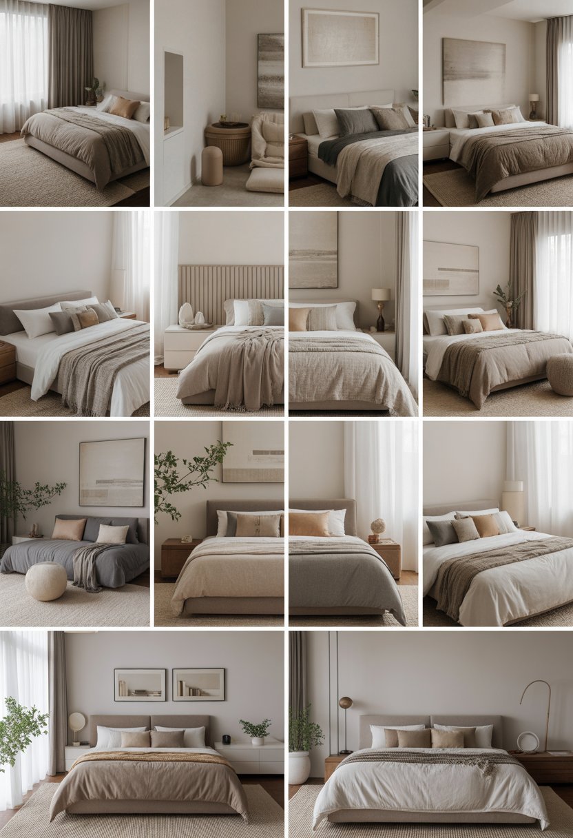 A bedroom with a neatly made bed, neutral-colored linens, minimalist furniture, soft natural light, and small green plants.