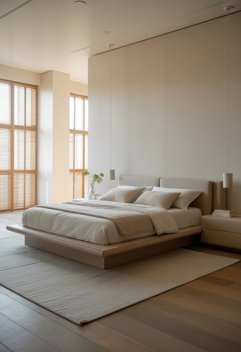 A bedroom with a low platform bed, nightstands, natural light, and simple decor.