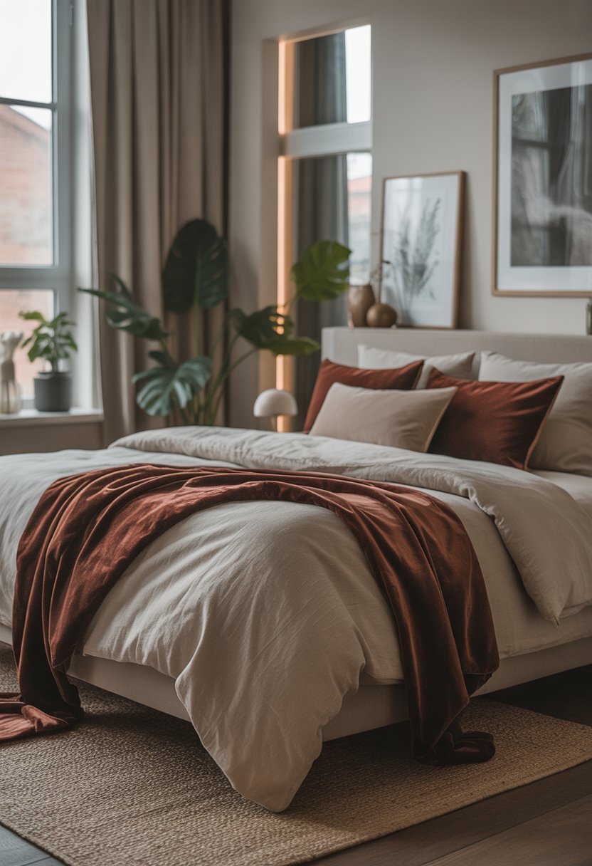 A bedroom with a bed dressed in velvet pillows and linen bedding, natural light coming through windows, and simple furniture around.
