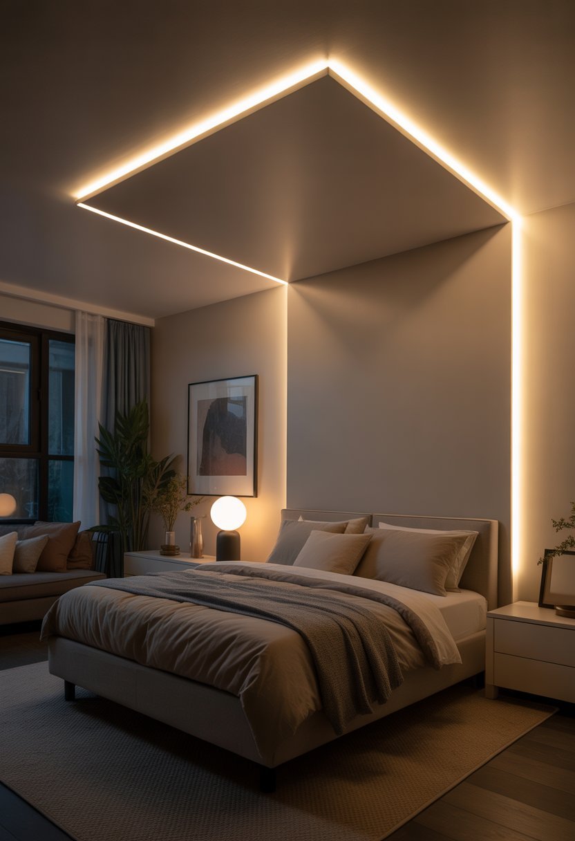 A modern bedroom with a bed, nightstands, and recessed ceiling lights creating soft, adjustable lighting.