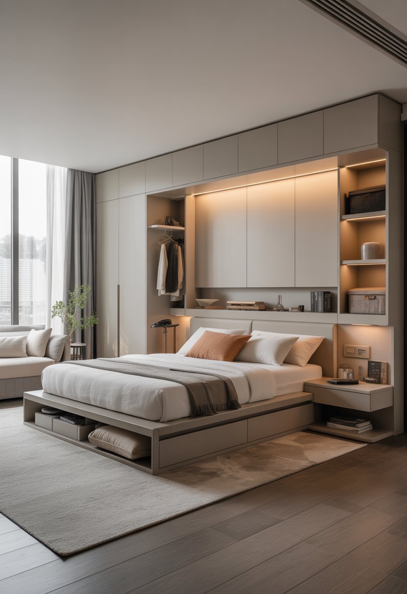 A modern bedroom with built-in storage including drawers under the bed, a wall wardrobe, and floating nightstands, well-lit and neatly organized.