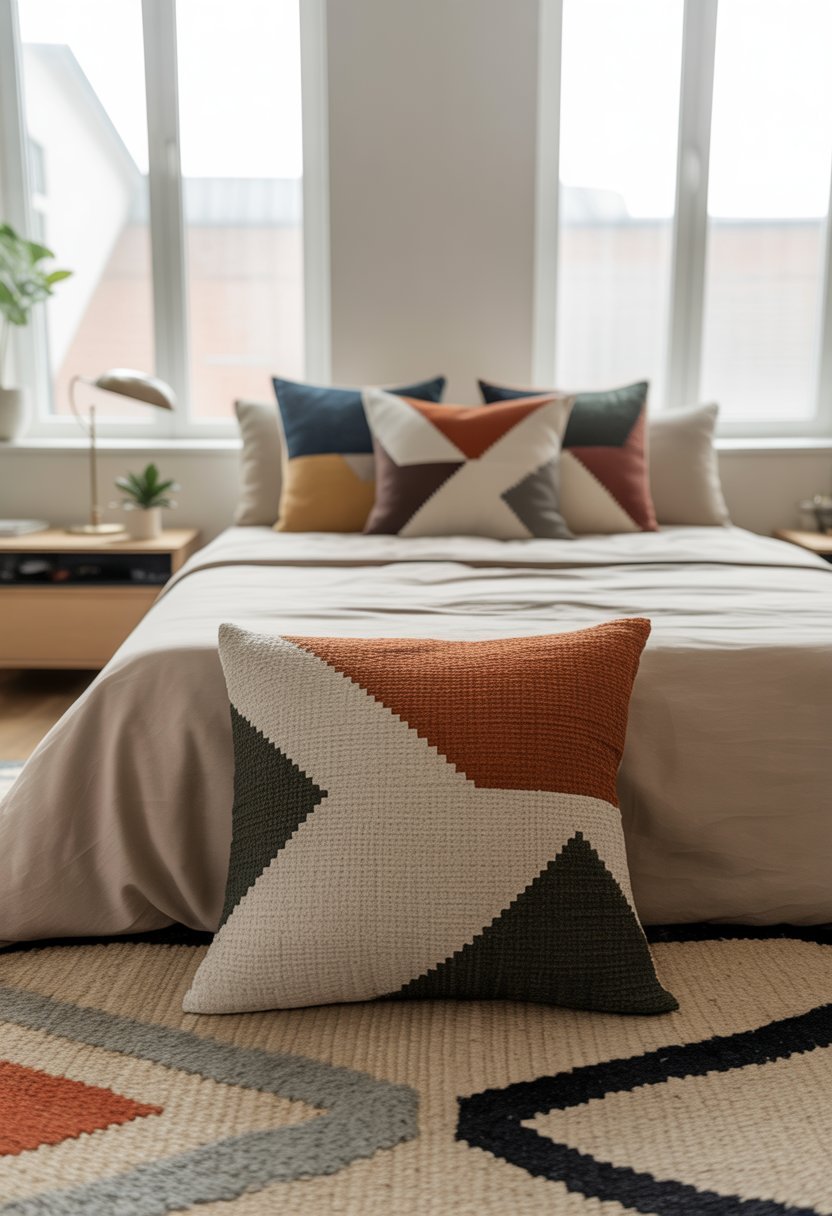 A modern bedroom with a bed featuring geometric patterned throw pillows and a matching geometric patterned rug on the floor.
