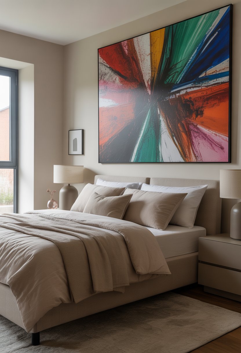 A bedroom with a neatly made bed and a large colorful modern art piece hanging above it.