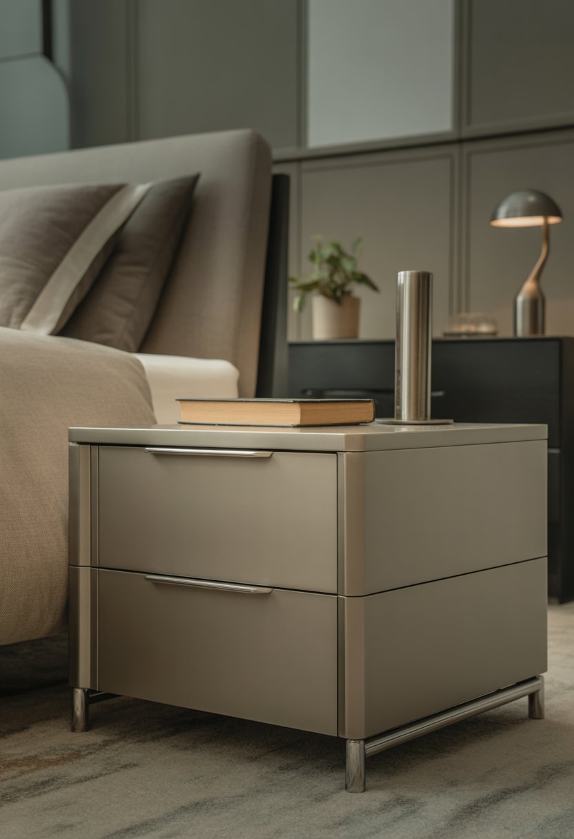 A bedroom with a bed flanked by simple nightstands featuring metallic details, soft lighting, and minimal decor.